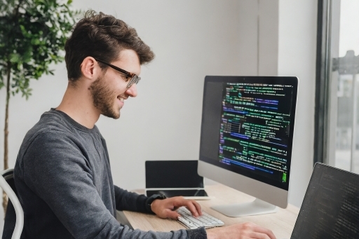 a red haired woman coding outdoors